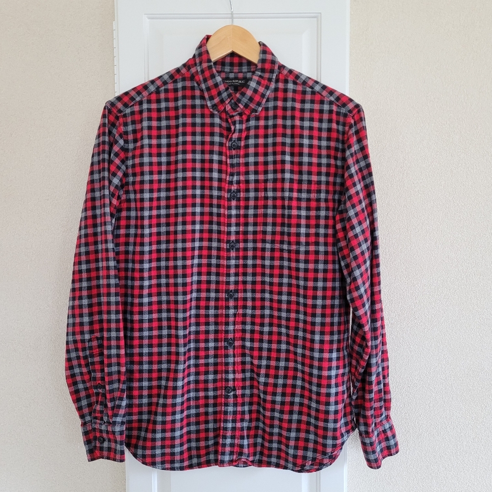 Banana Republic Red Black Gray Grant Fit Luxe Flannel Button-Down Shirt Size Med